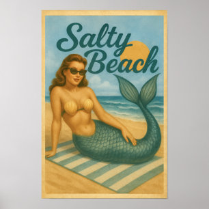 Salty Beach Pin-Up Mermaid -Retro Coastal Life Art Poster