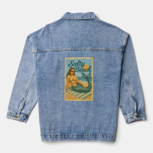 Salty Beach Pin-Up Mermaid   Retro Coastal Life Denim Jacket