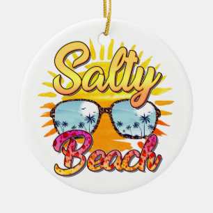 Salty Beach Tropical Sun & Palm Tree Ceramic Ornament