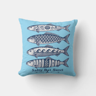 Salty But Sweet Light Blue Nautical Fish Throw Pillow