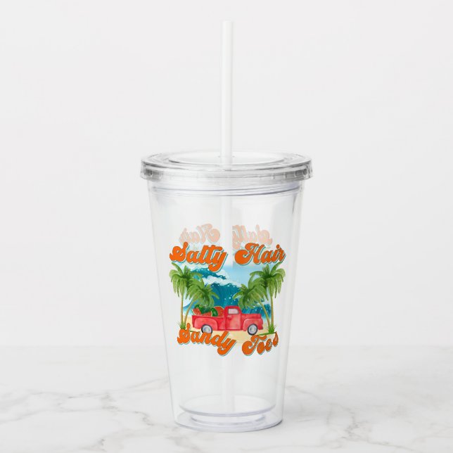 Salty Hair, Sandy Toes | Tropical Truck & Beach Acrylic Tumbler (Front)