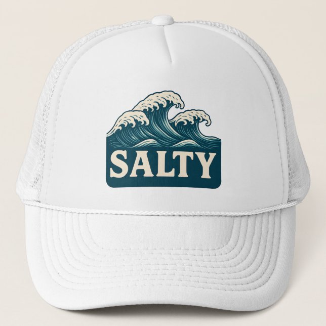 Salty Life Teal Blue Surf Beach Waves Graphic  Trucker Hat (Front)