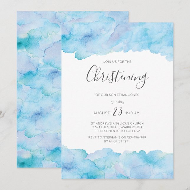 Salty sea blue watercolour Christening invitation (Front/Back)