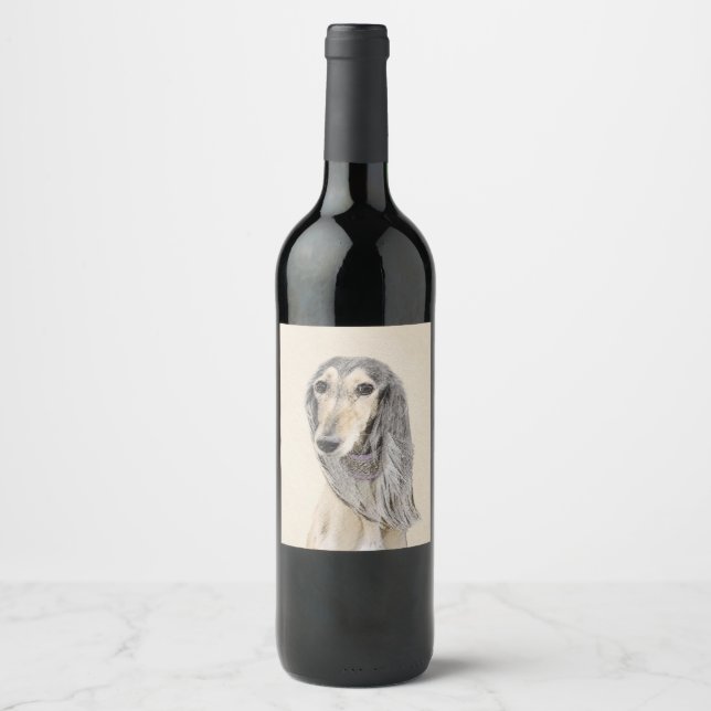Saluki (Fawn) Painting - Cute Original Dog Art Wine Label (Front)