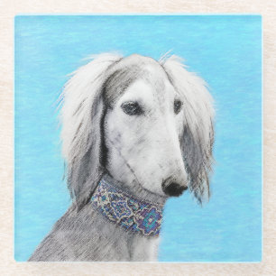 Saluki (Silver) Painting - Cute Original Dog Art Glass Coaster
