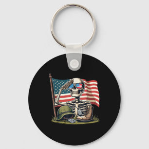 Salute Skeleton American Usa Flag Memorial Day 4th Keychain