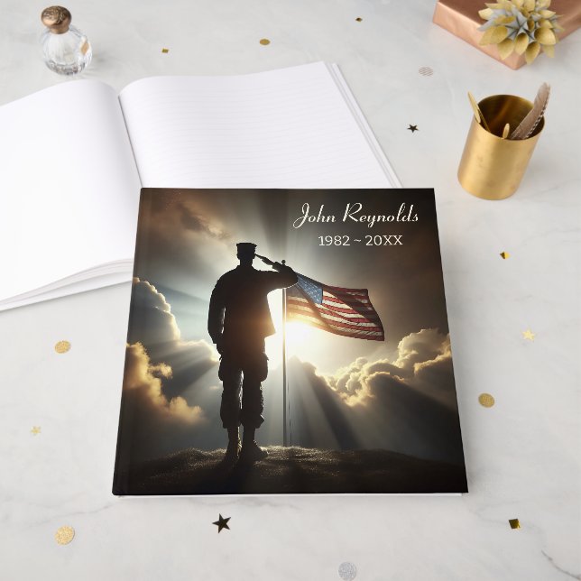 Saluting American Soldier For Memorial Service Guest Book (Front Open)