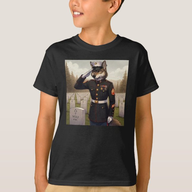 Saluting Marine Corps Wolf  T-Shirt (Front)