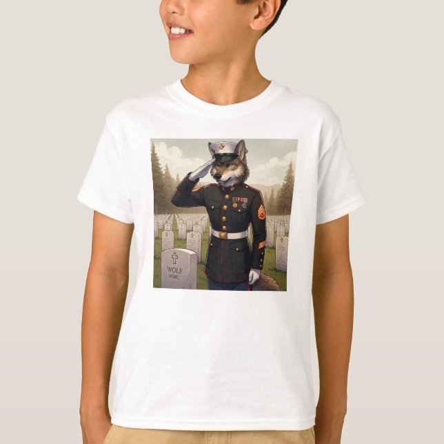 Saluting Marine Corps Wolf  T-Shirt (Front)