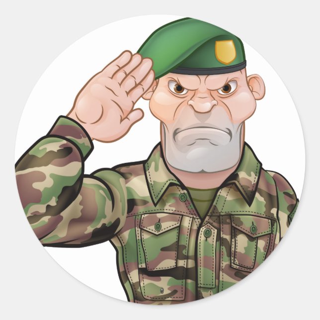 Saluting Soldier Cartoon Classic Round Sticker (Front)