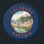 Salzburg Austria Retro Distressed Circle Magnet<br><div class="desc">Salzburg retro vector travel design. Salzburg is an Austrian city on the border of Germany, with views of the Eastern Alps. The city is divided by the Salzach River, with medieval and baroque buildings of the pedestrian Altstadt (Old City) on its left bank, facing the 19th-century Neustadt (New City) on...</div>