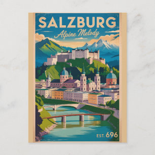 Salzburg Austria Retro Skyline Cityscape Travel  Postcard