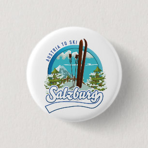 Salzburg austria to ski logo. 1 inch round button
