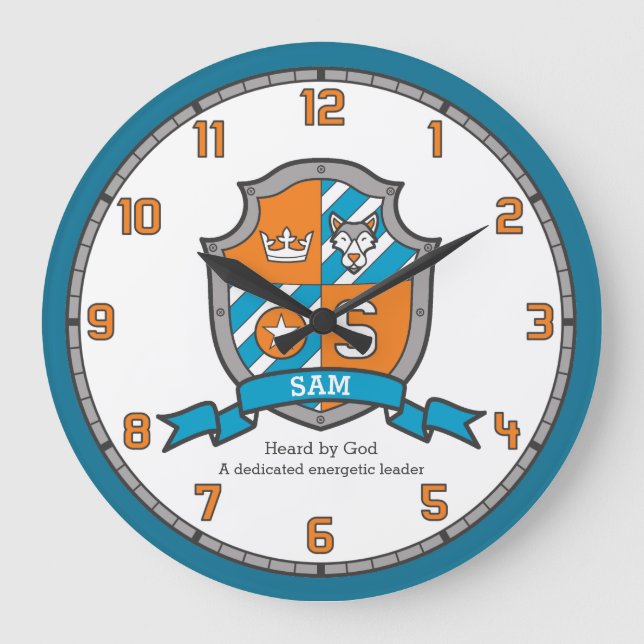Sam letter S name meaning knights dog wolf orange Large Clock (Front)