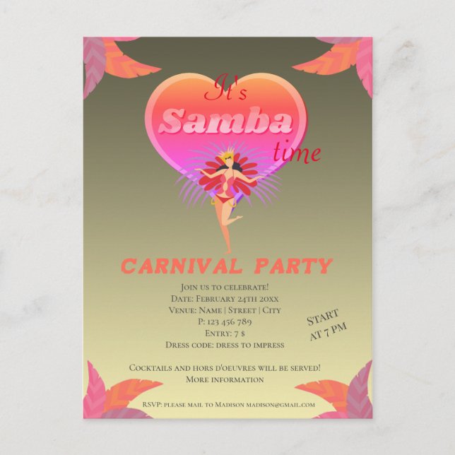 Samba danse brésilienne carnaval Invitation Carte  (Devant)