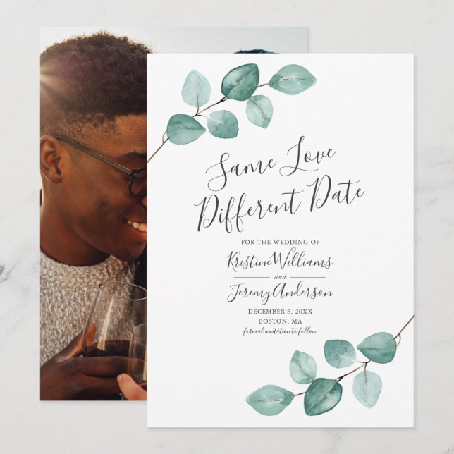 Same Love Different Date Eucalyptus Black Photo Save The Date (Front/Back)
