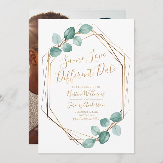 Same Love Different Date Eucalyptus Gold Photo Save The Date (Front/Back)
