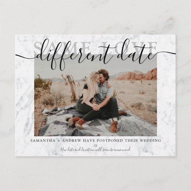 Same love different date marble typography photo announcement postcard (Front)