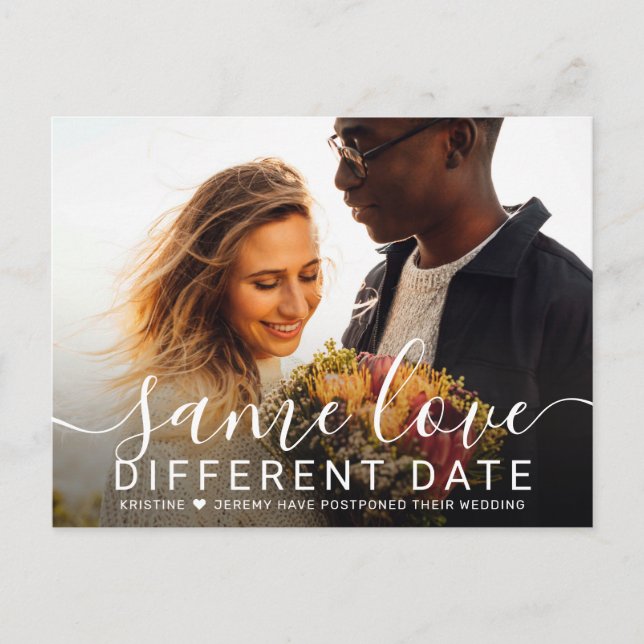 Same Love Different Date Photo Postponed Wedding Announcement Postcard (Front)