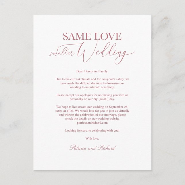 Same Love Downsize Wedding Simple Elegant Postcard (Front)