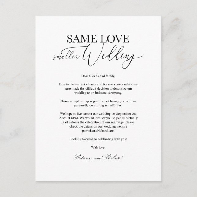 Same Love Downsize Wedding Simple Elegant  Postcard (Front)