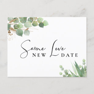 Same Love New Date Eucalyptus Watercolor Wedding Announcement Postcard