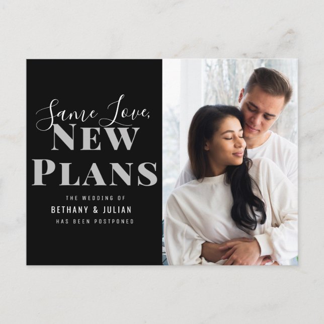 Same love, new plans change of date wedding postcard (Front)
