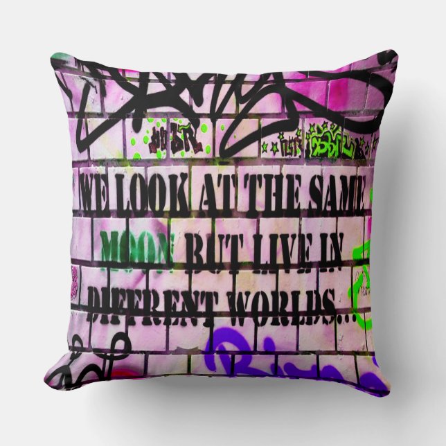 Same Moon Different Worlds Colourful Graffiti Throw Pillow (Front)