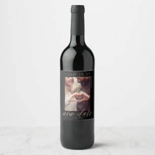 Same Plan New Date   Rose Gold Script Couple Photo Wine Label