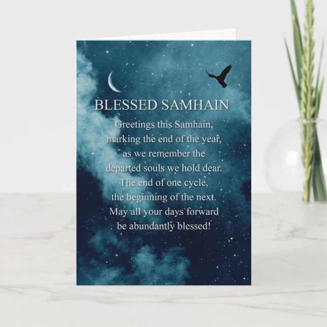 Samhain Blessing Mystic with Moon and Raven Card (Front)