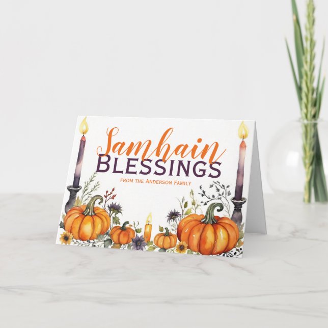 Samhain Blessings Pumpkins & Candles Halloween Holiday Card (Front)