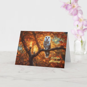 Samhain Blessings with Owl Autumn Leaves Mystic Card
