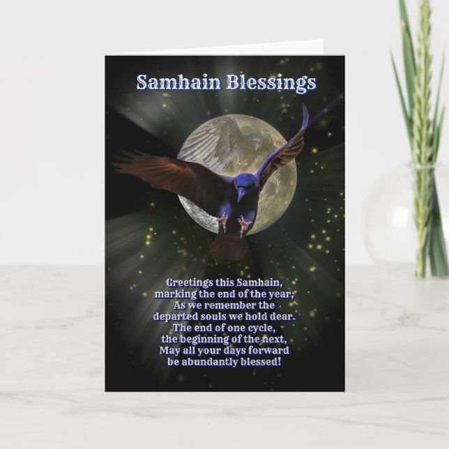 Samhain Blessings with Raven or Crow and Moon Card (Front)