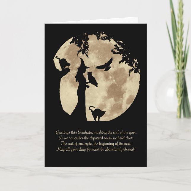 Samhain Blessings with Witch and Animals Card (Front)