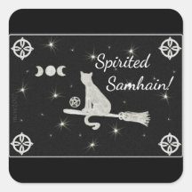 Samhain Magick Cat on Broom Black and White