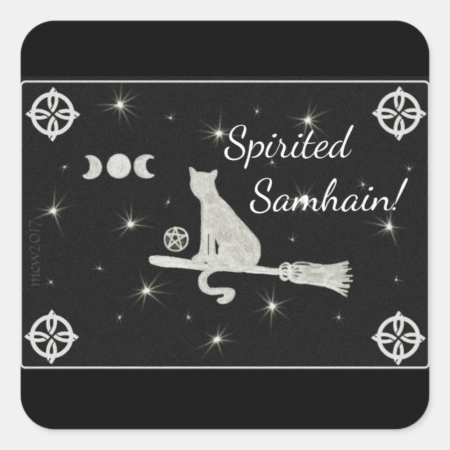 Samhain Magick Cat on Broom Black and White Square Sticker (Front)
