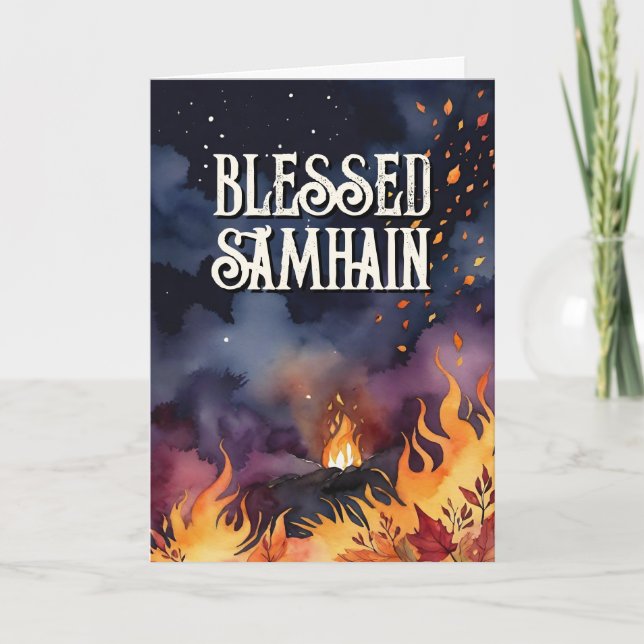 Samhain Night Fall Forest Pagan Bonfire Halloween Card (Front)
