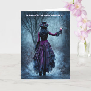 Samhain Woman with Candle on a Misty Path Card