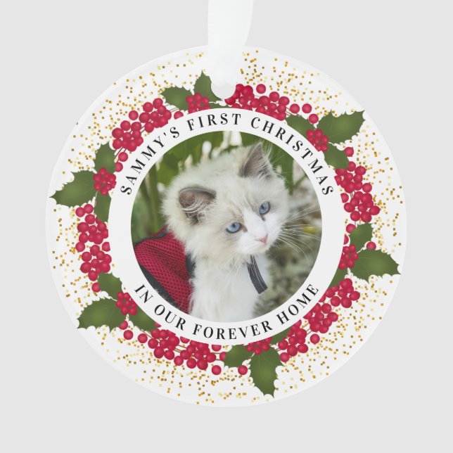 Sammy's First Forever Home Christmas Cat Photo Ornament (Front)