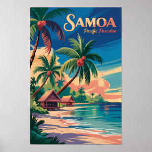 Samoa Beach Samoan Illustration Travel Art Vintage Poster