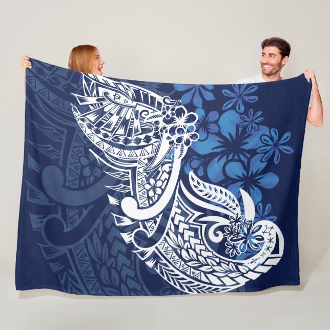 Samoan - Hawaiian - Polynesian Blue Tribal Print Fleece Blanket (In Situ)