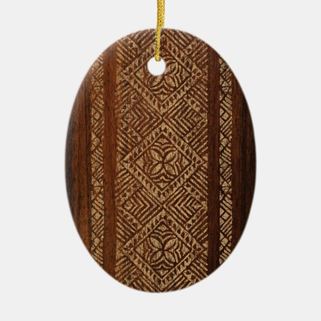 Samoan Tapa Hawaiian Faux Wood Surfboard Ceramic Ornament (Front)
