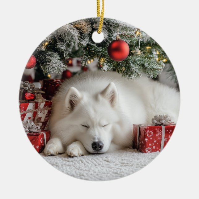 Samoyed Christmas Ceramic Ornament (Front)