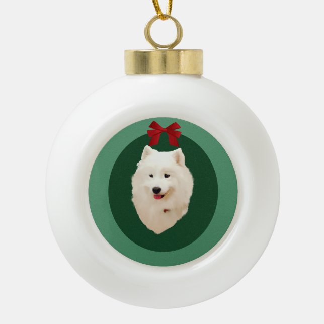 Samoyed Christmas Holiday  Ornament;Unsigned Ceramic Ball Christmas Ornament (Front)