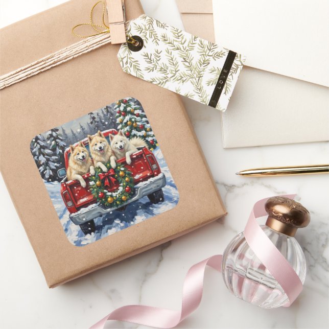 Samoyed Christmas Red Truck Holiday Square Sticker (Gifting)