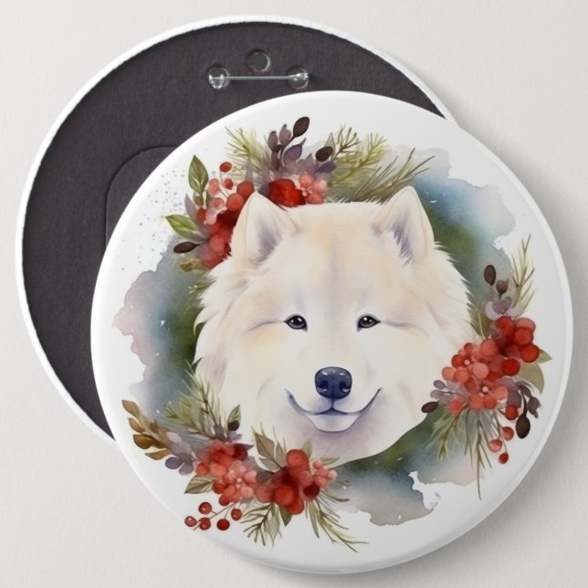 Samoyed Christmas Wreath Festive Pup  6 Inch Round Button (Front & Back)