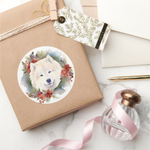 Samoyed Christmas Wreath Festive Pup  Classic Round Sticker