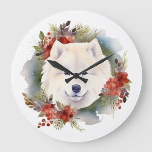 Samoyed Christmas Wreath Festive Pup  Large Clock