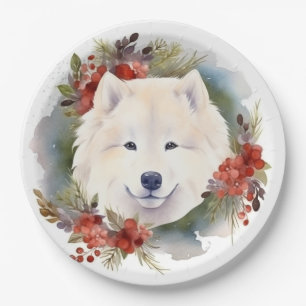 Samoyed Christmas Wreath Festive Pup  Paper Plate