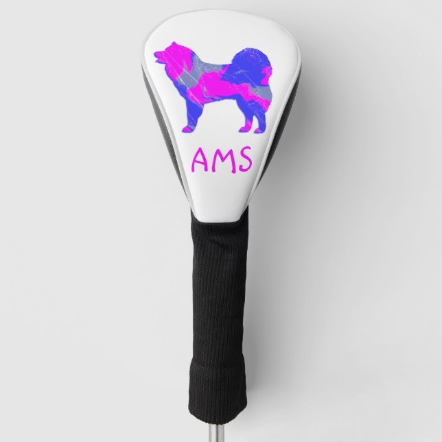Samoyed Cute Pink Dog Silhouette Monogram Golf Head Cover (Front)